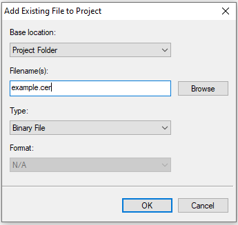 Снимок экрана диалога Add Existing File to Project в TIDE.
