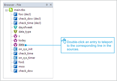 Снимок экрана панели Browser-File в TIDE с пояснениями.